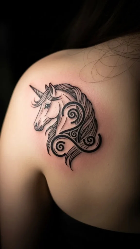 Unicorn With Triskelion Symbol