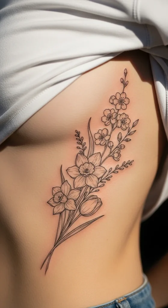  Floral Rib Line Tattoo