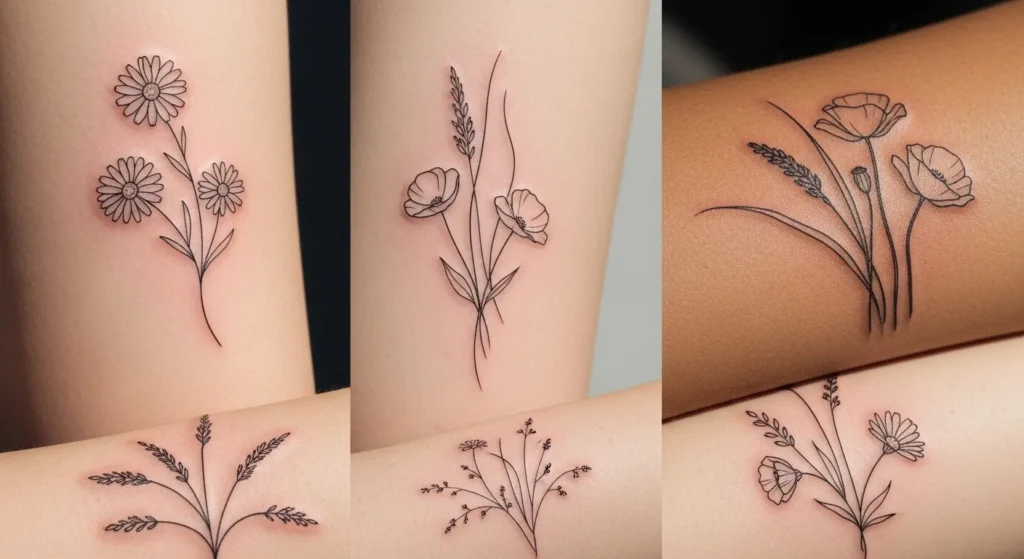 28 Delicate Spring Wildflower Line Tattoos That Feel Artistic
