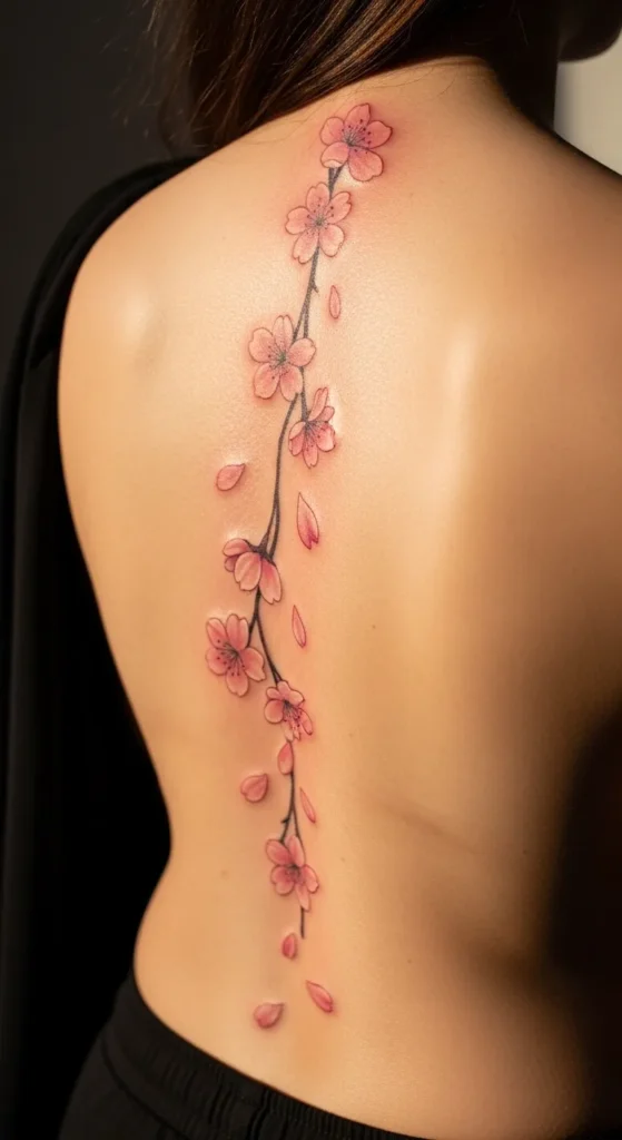 Blooming Cherry Blossom Spine Tattoo