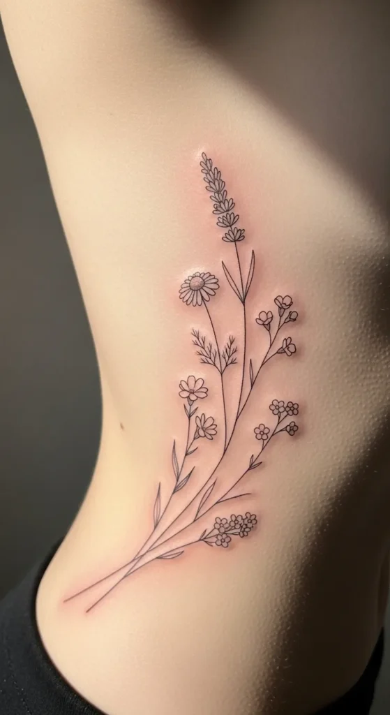  Curved Stem Wildflower Rib Tattoo