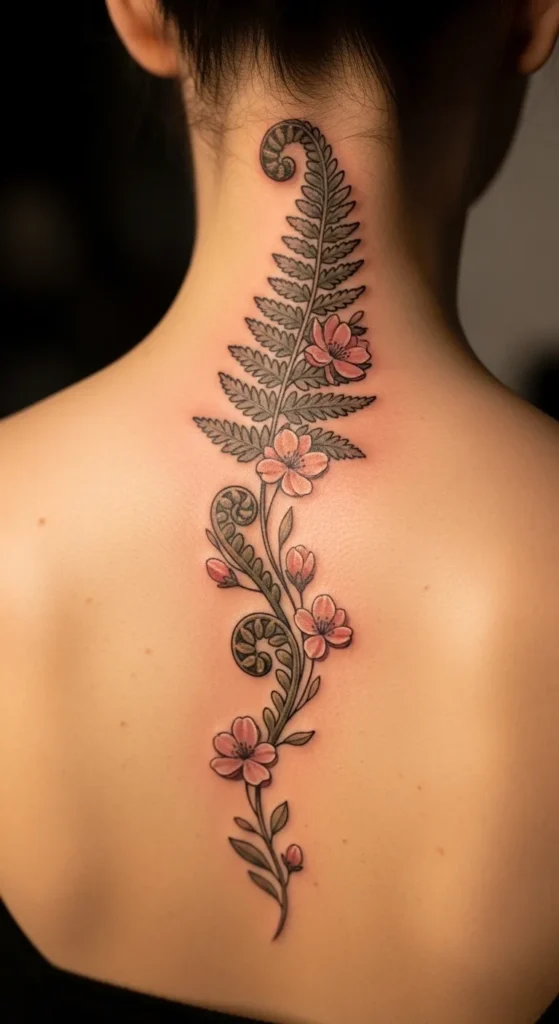 Fern and Blossom Spine Tattoo