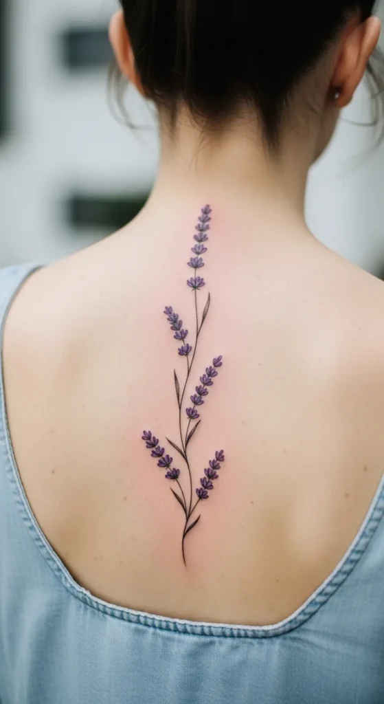 Lavender Sprig Spine Tattoo
