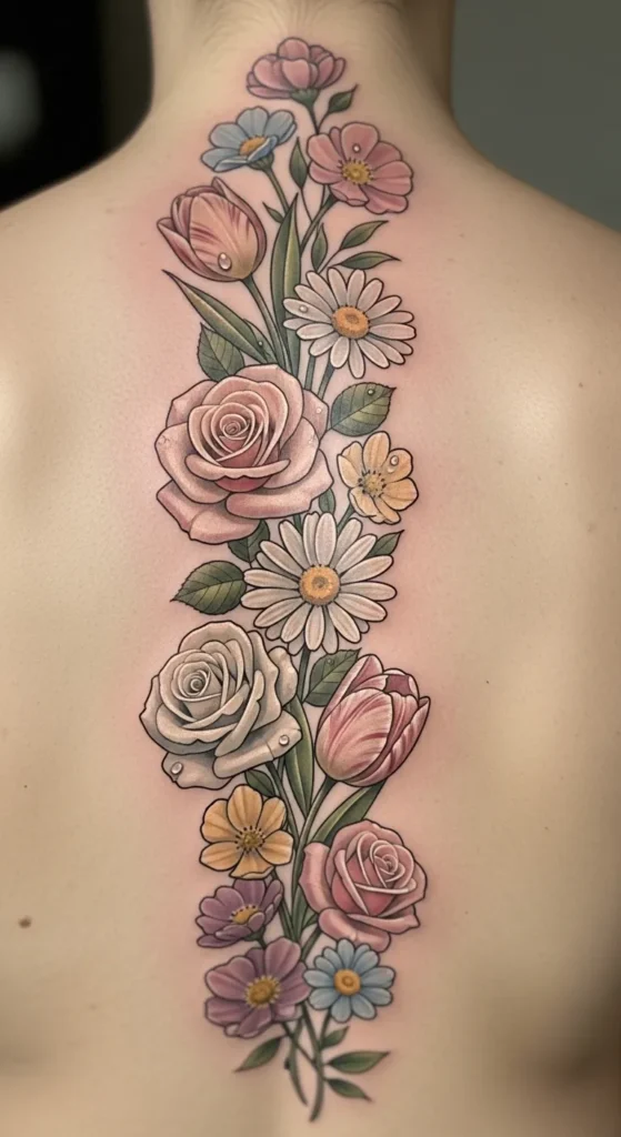  Mixed Spring Blooms Spine Tattoo