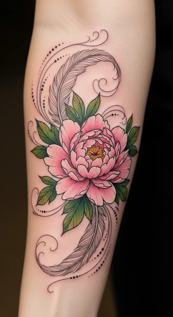 Peony with Feather Accents