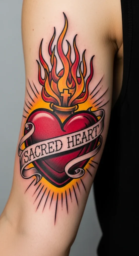 Sacred Heart with Flames and Scroll