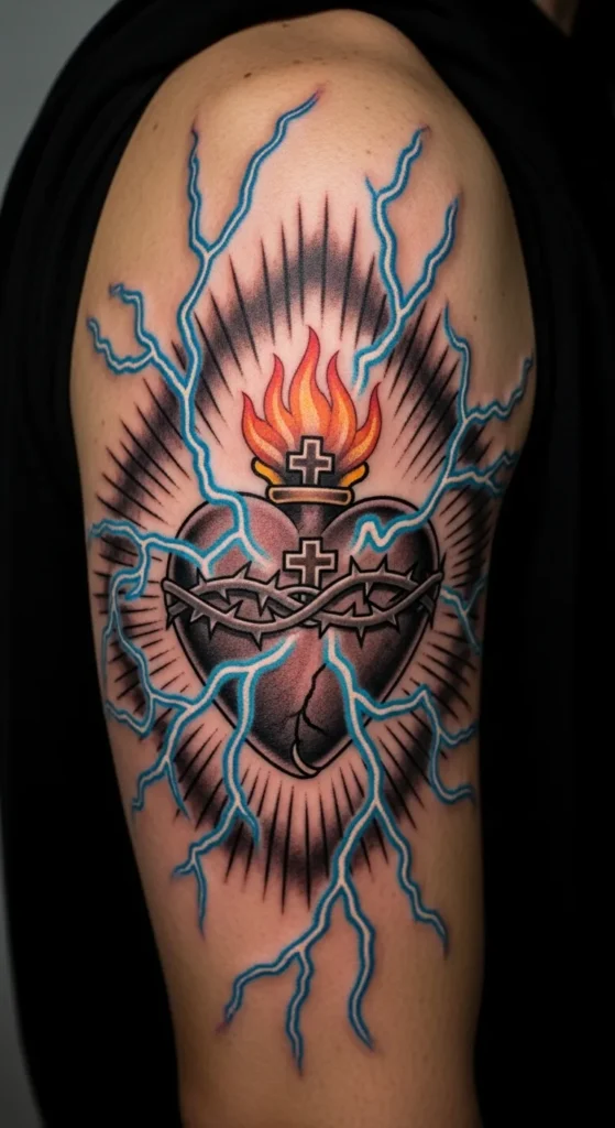 Sacred Heart with Lightning Bolts