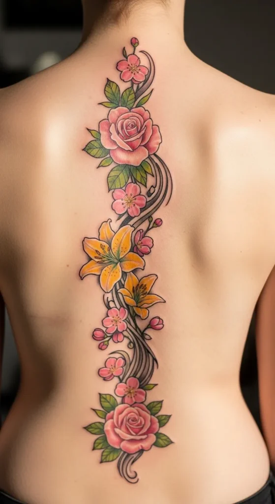 Spring Floral Spine Tattoos