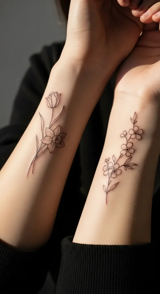 Spring Flower Line Tattoos