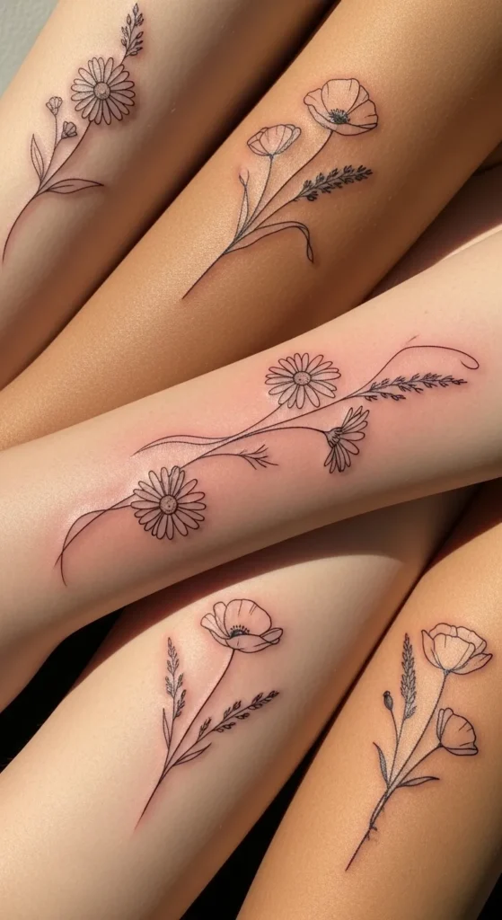 Spring Wildflower Line Tattoos