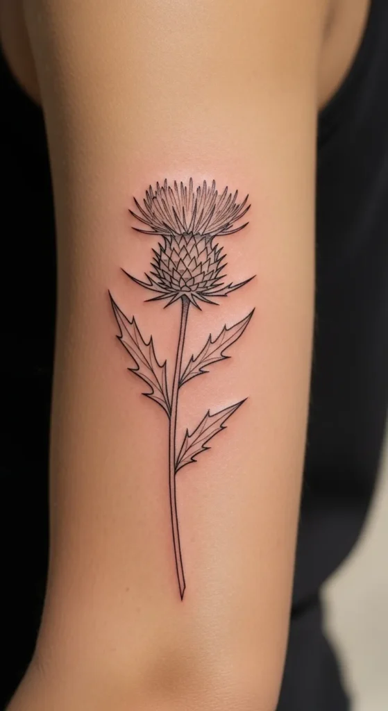 Thistle Line Art on the Upper Arm