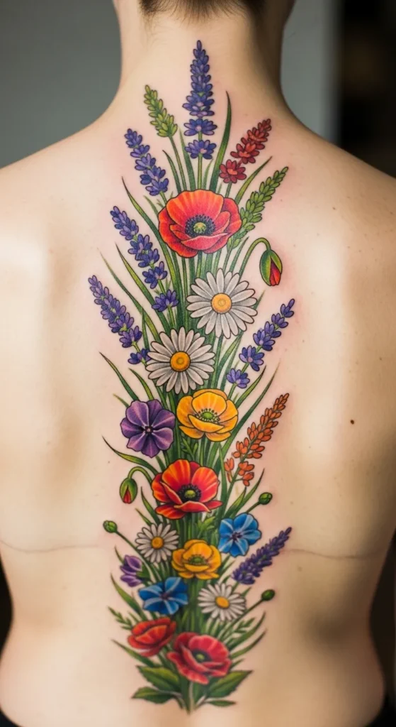  Wildflower Medley Spine Tattoo
