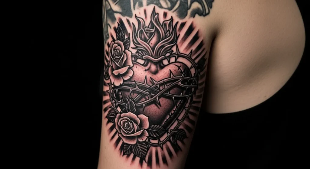 27 Striking Black and Grey Sacred Heart Tattoos That Feel Dramatic