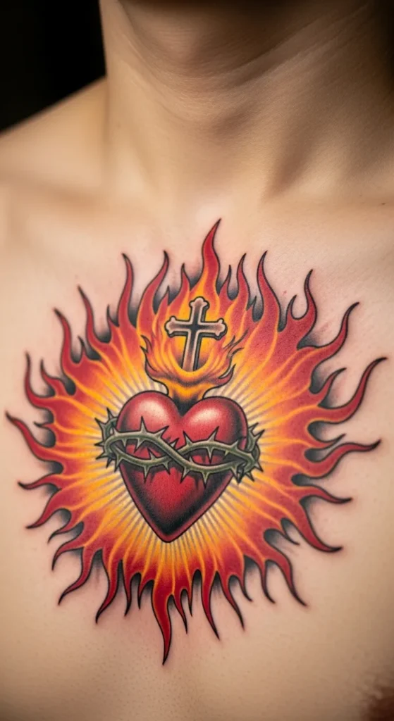 Classic Sacred Heart with Flames