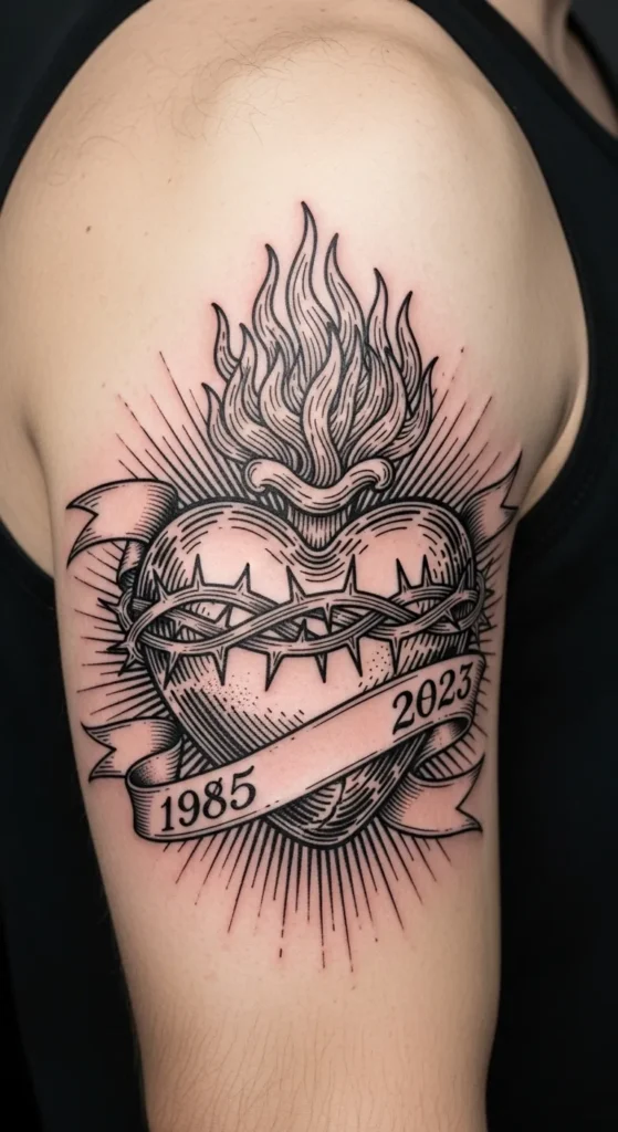 Sacred Heart with Banner and Dates