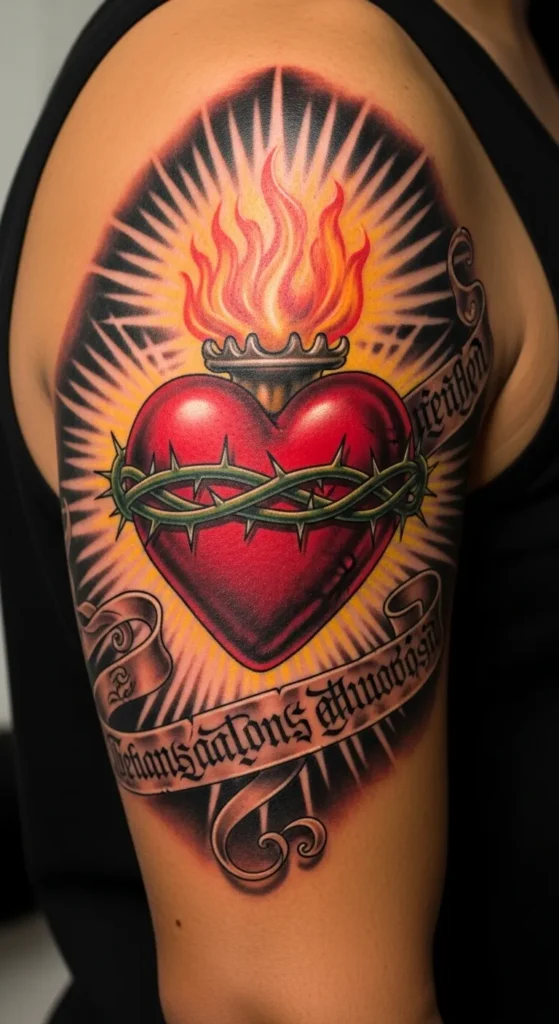 Sacred Heart with Banner and Script