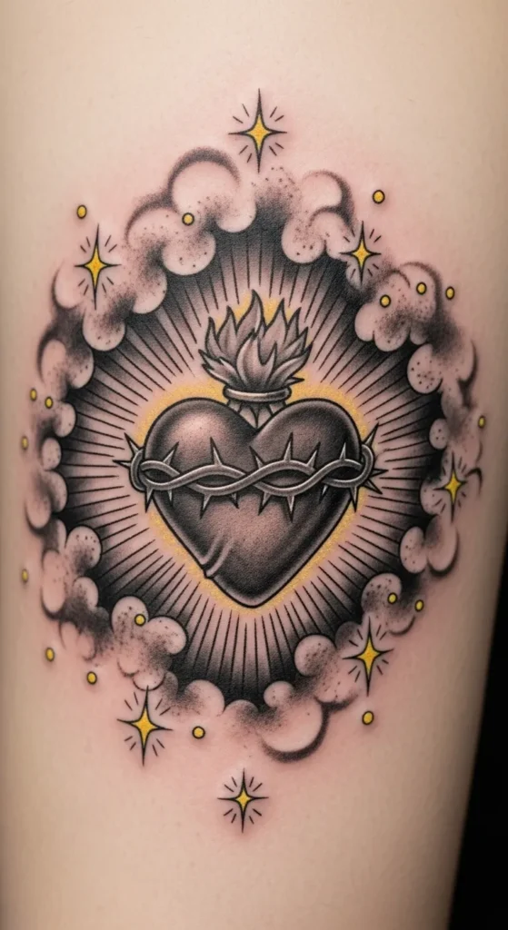 Sacred Heart with Clouds and Stars