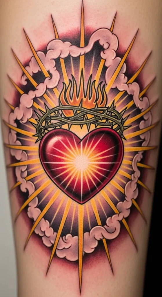 Sacred Heart with Clouds and Sun Rays