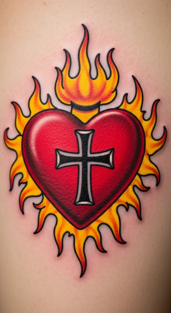  Sacred Heart with Cross and Flames