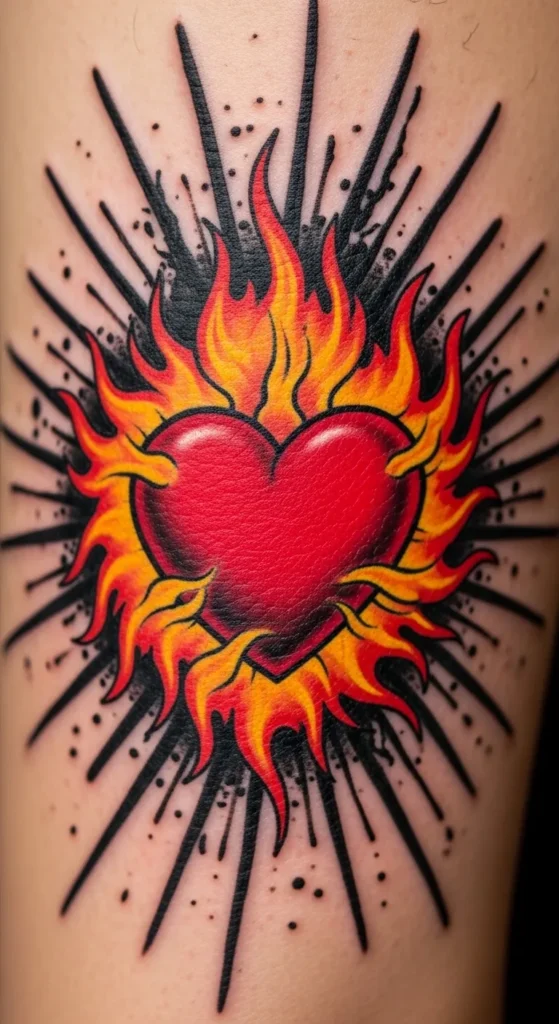 Sacred Heart with Fire and Ink Splashes