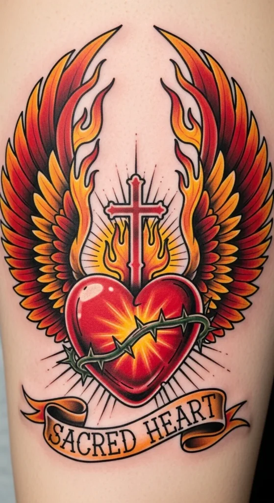 Sacred Heart with Flame Wings and Banner