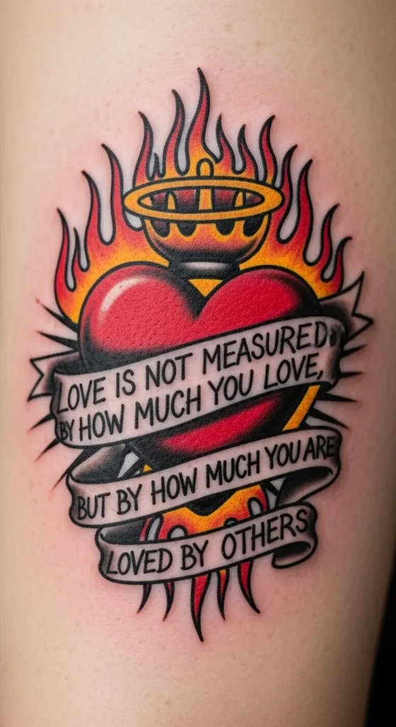 Sacred Heart with Flames and Banner Text