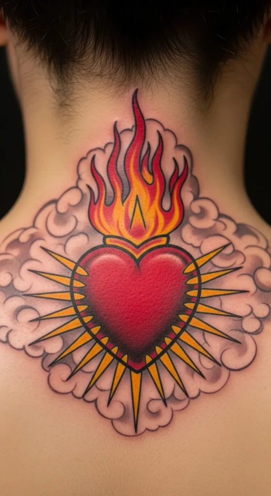 Sacred Heart with Flames and Clouds
