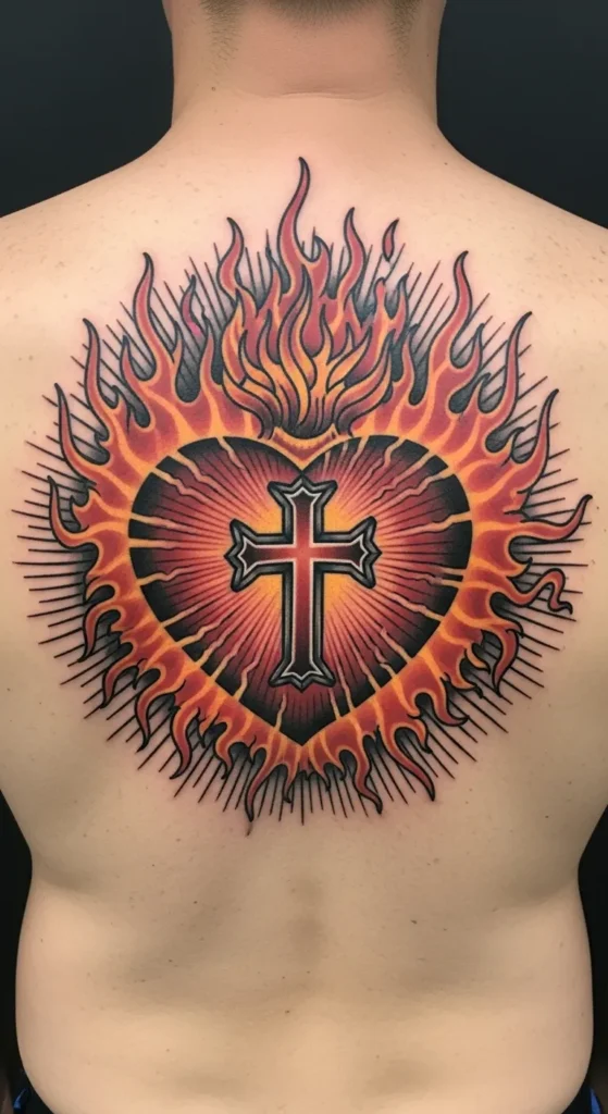 Sacred Heart with Flames and Cross