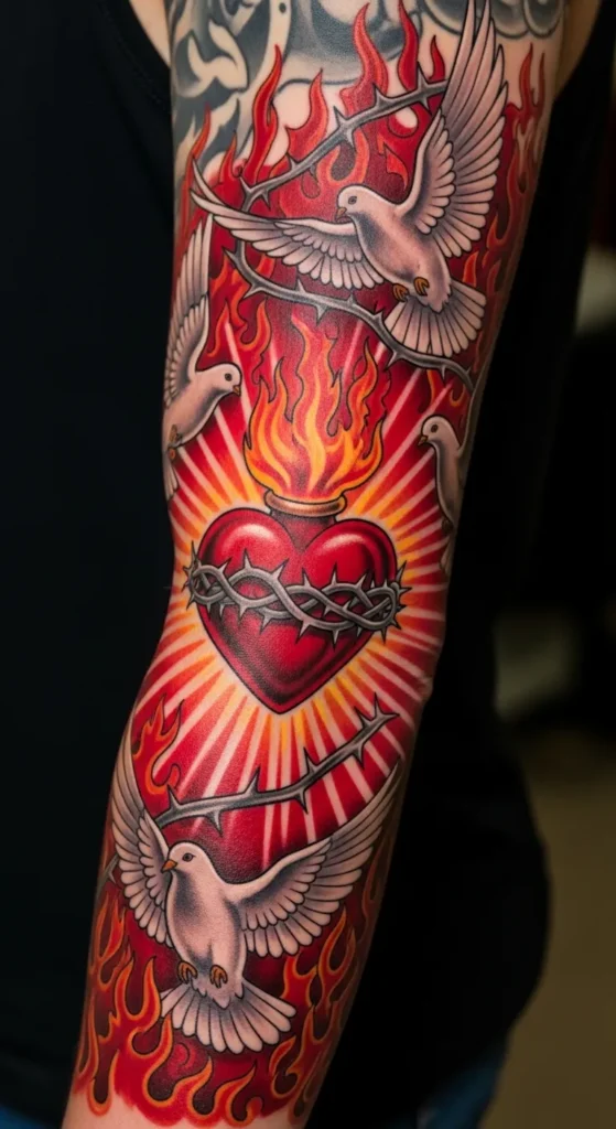 Sacred Heart with Flames and Doves