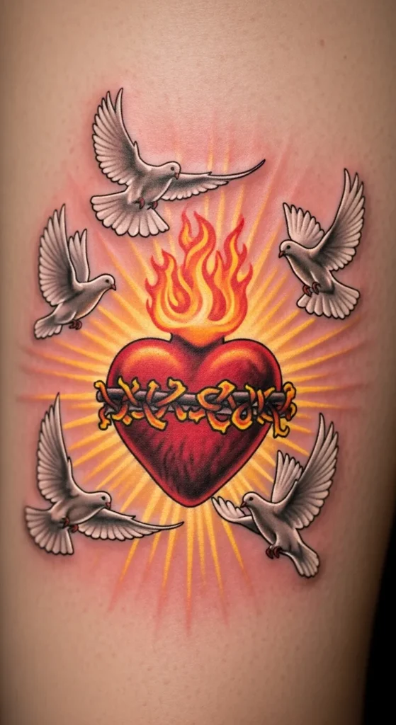 Sacred Heart with Flames and Doves
