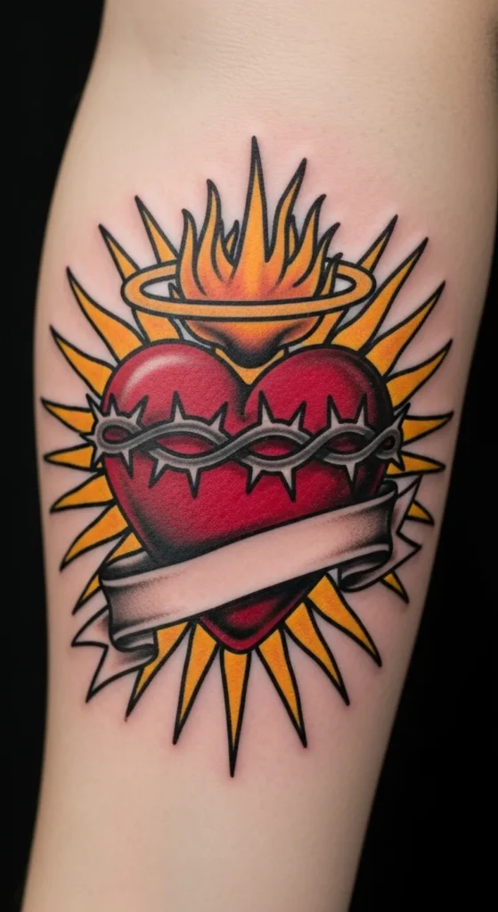 Sacred Heart with Flames and Ribbon