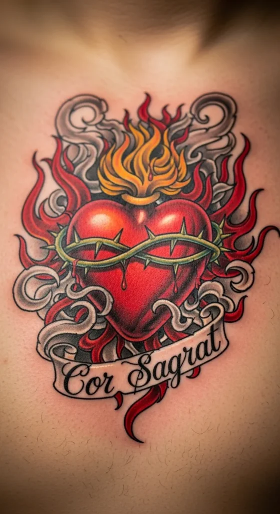 Sacred Heart with Flames and Script