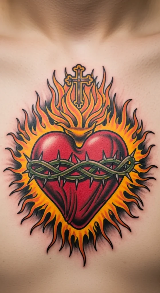 Sacred Heart with Flames and Shadowed Background