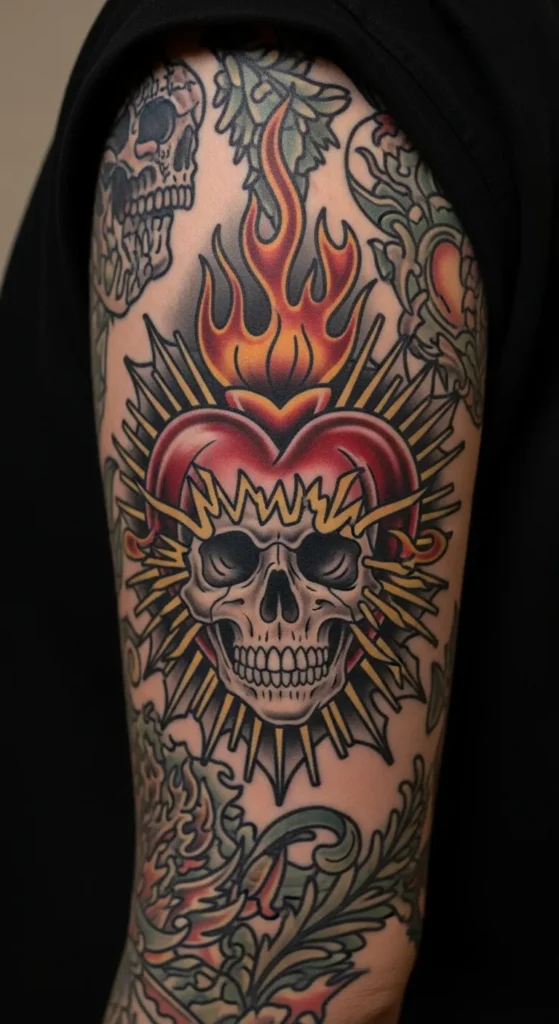 Sacred Heart with Flames and Skull