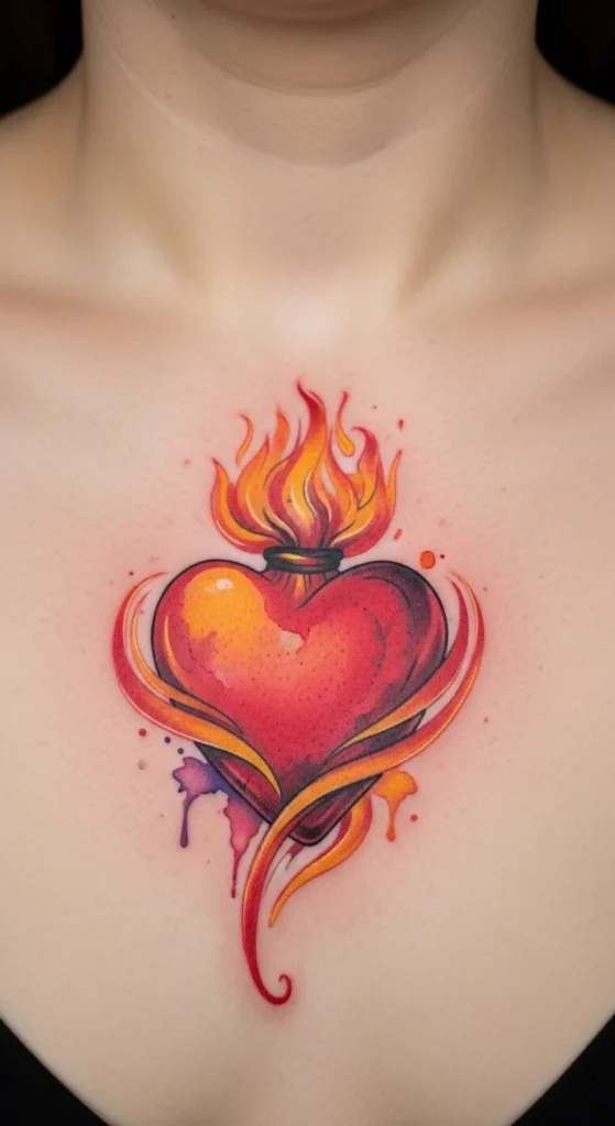  Sacred Heart with Flames in Watercolor
