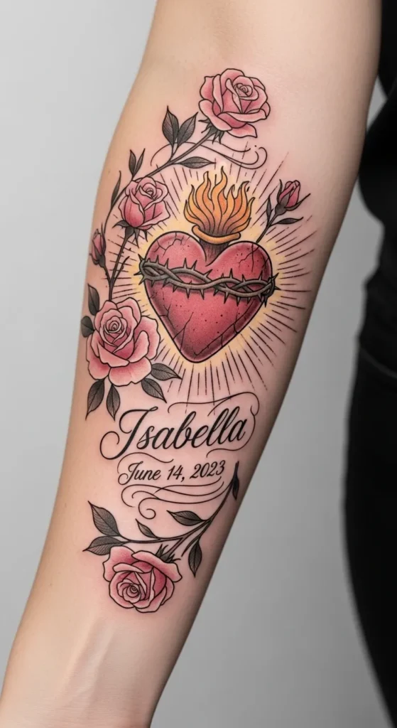 Sacred Heart with Pink Roses and Script