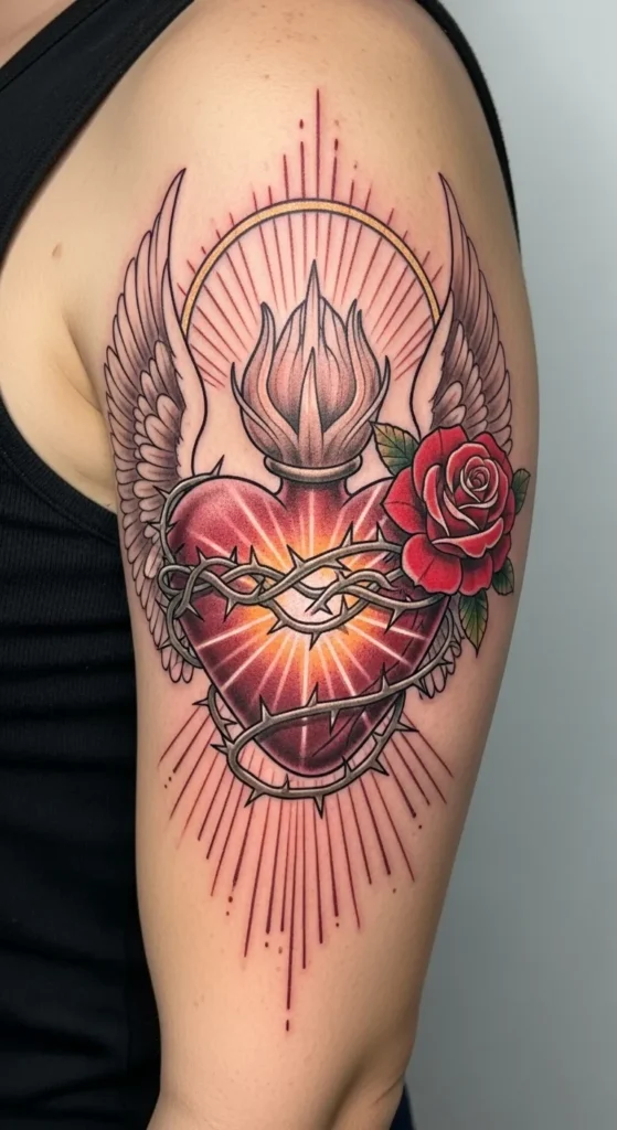 Sacred Heart with Rose and Angel Halo