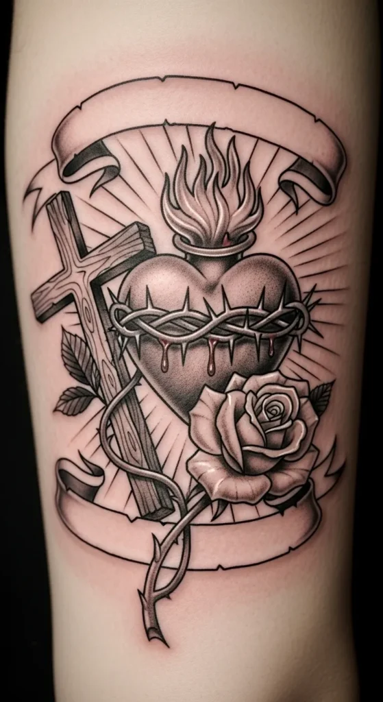 Sacred Heart with Rose and Cross