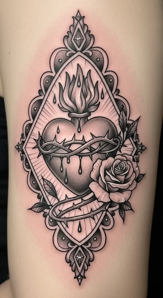 Sacred Heart with Rose and Diamond Frame