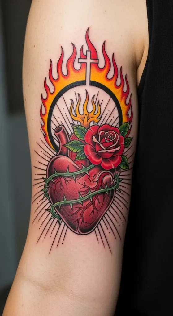 Sacred Heart with Rose and Flame Halo
