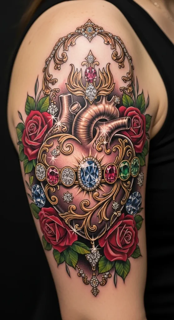 Sacred Heart with Rose and Gemstones