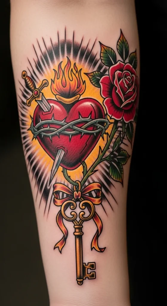 Sacred Heart with Rose and Key