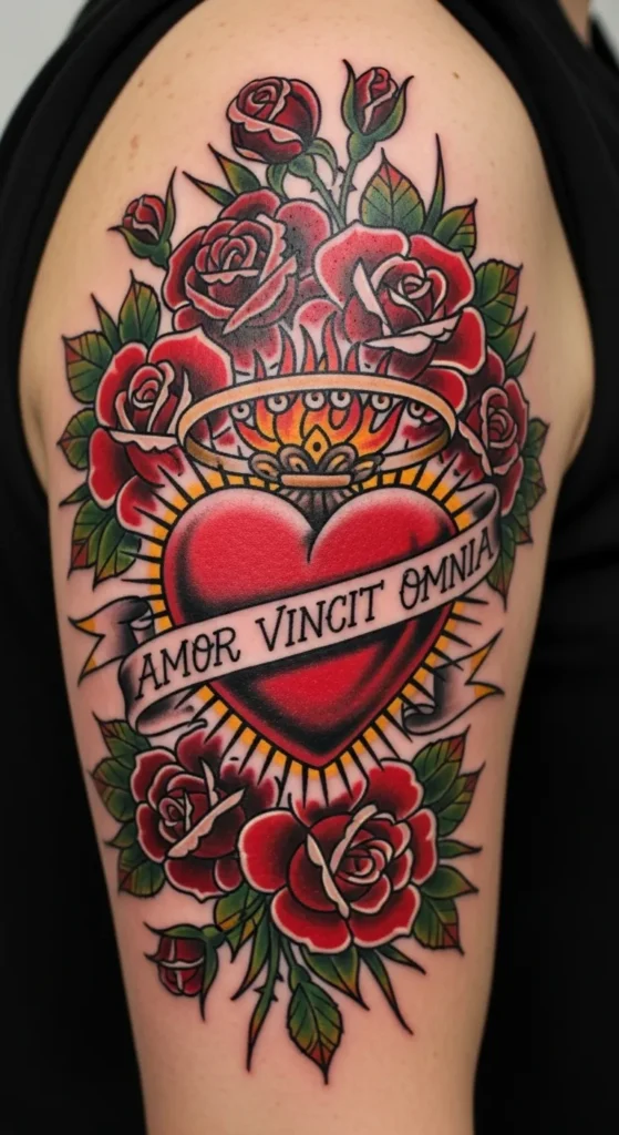 Sacred Heart with Roses and Banners