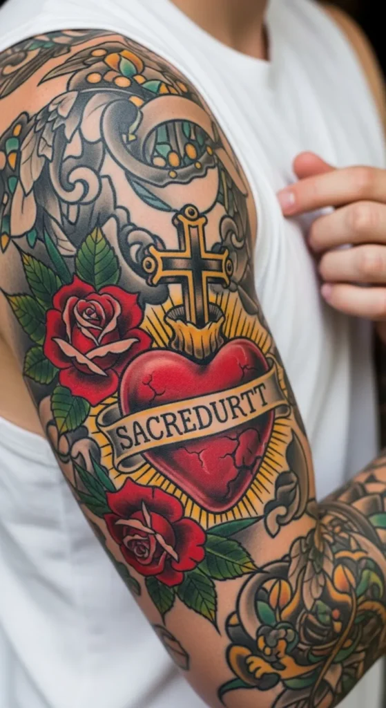 Sacred Heart with Roses and Cross
