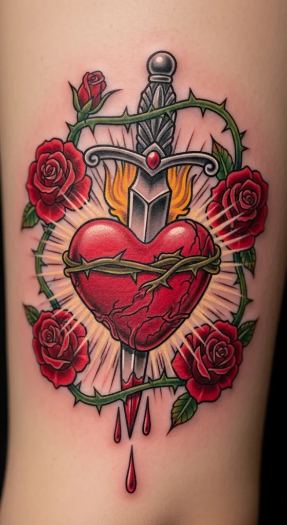 Sacred Heart with Roses and Dagger