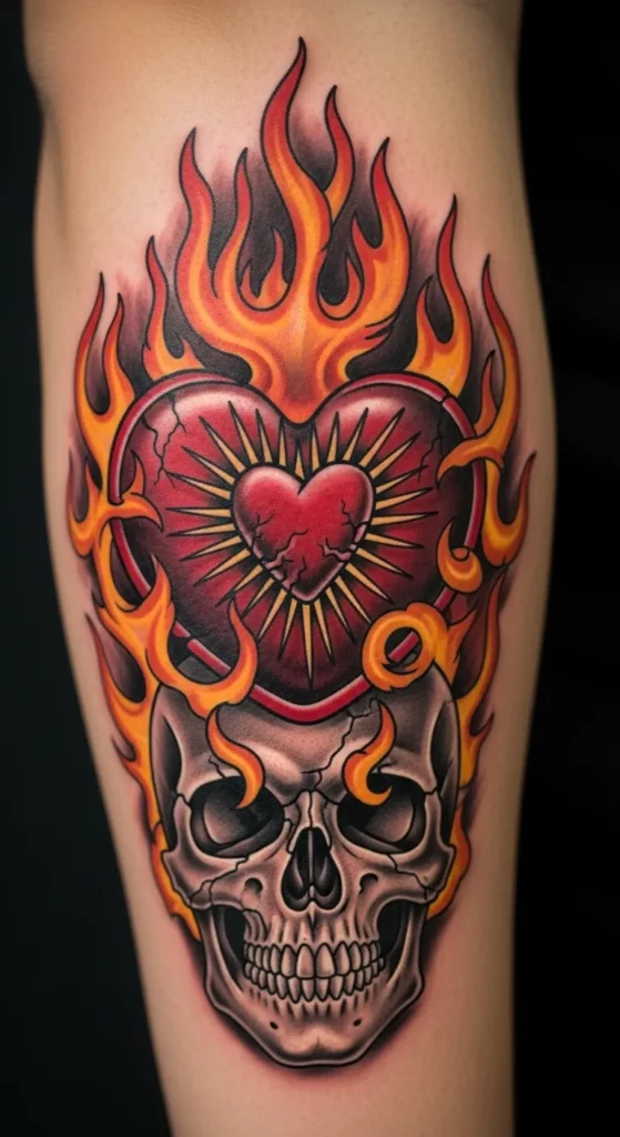 Sacred Heart with Skull and Flames