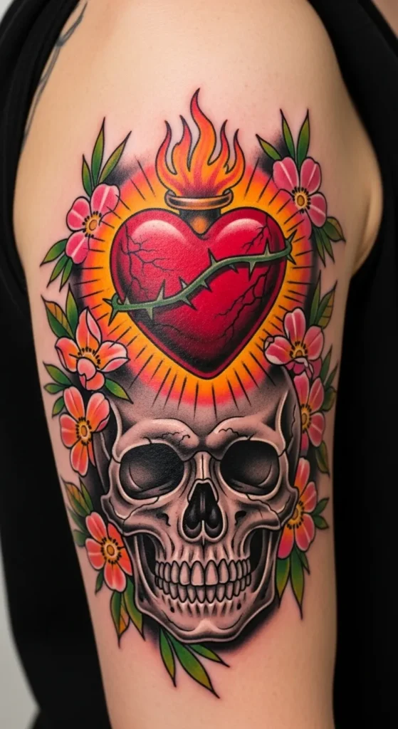 Sacred Heart with Skull and Flowers
