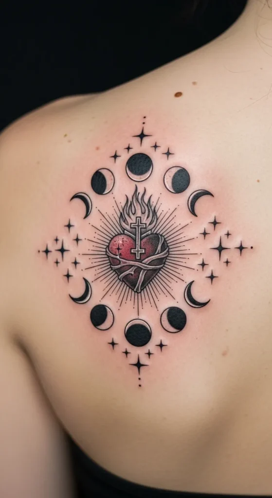 Sacred Heart with Stars and Moon Phases