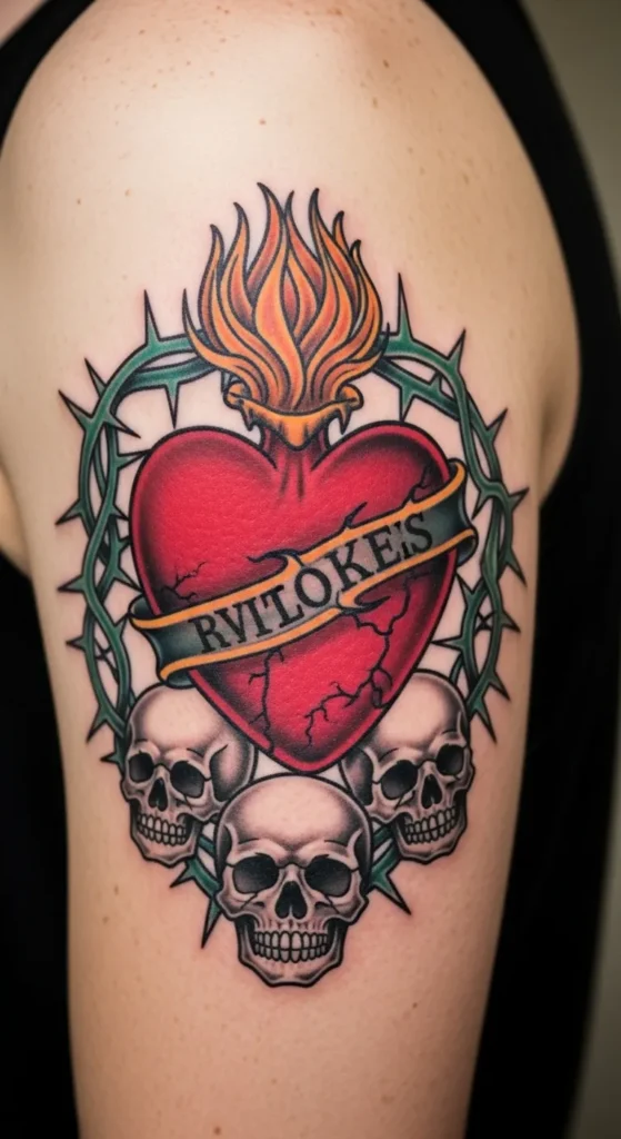 Sacred Heart with Thorns and Skulls