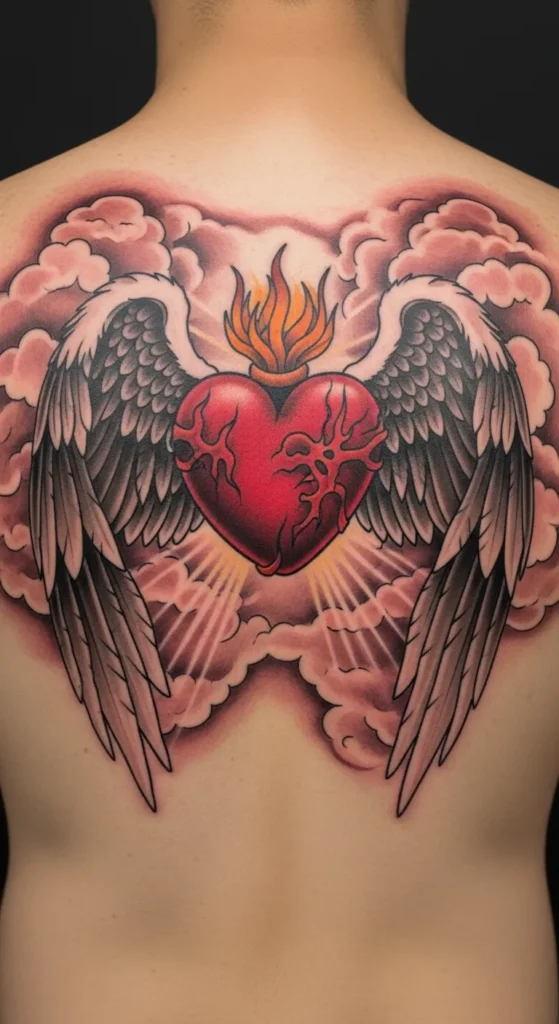 Sacred Heart with Wings and Clouds